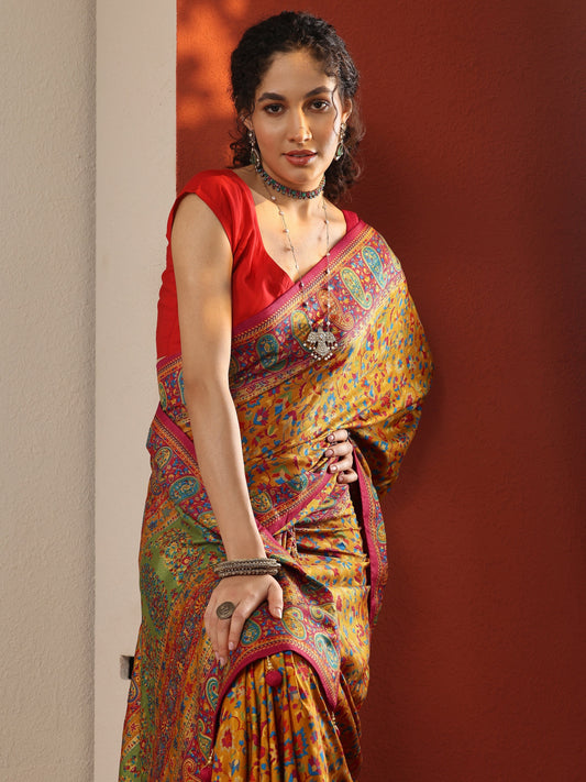Mustard Printed Silk Blend Saree With Unstitched Blouse Piece