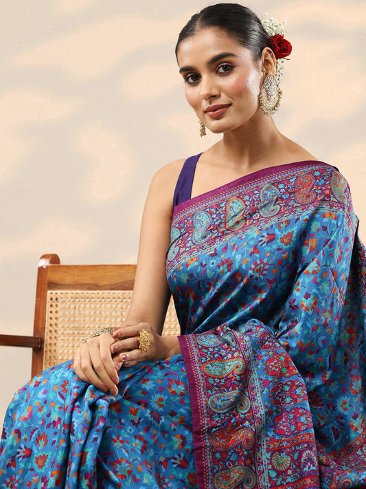 Blue Printed Silk Blend Saree With Unstitched Blouse Piece