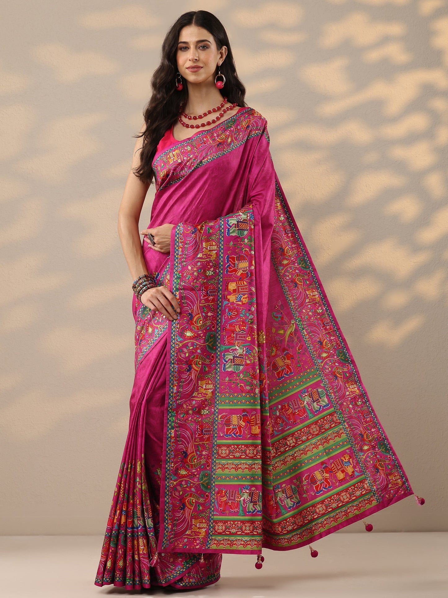 Pink Printed Silk Blend Saree With Unstitched Blouse Piece