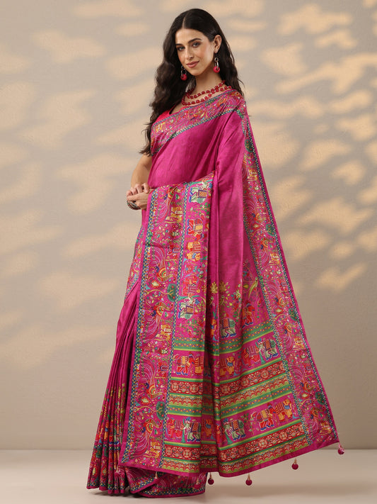 Pink Printed Silk Blend Saree With Unstitched Blouse Piece