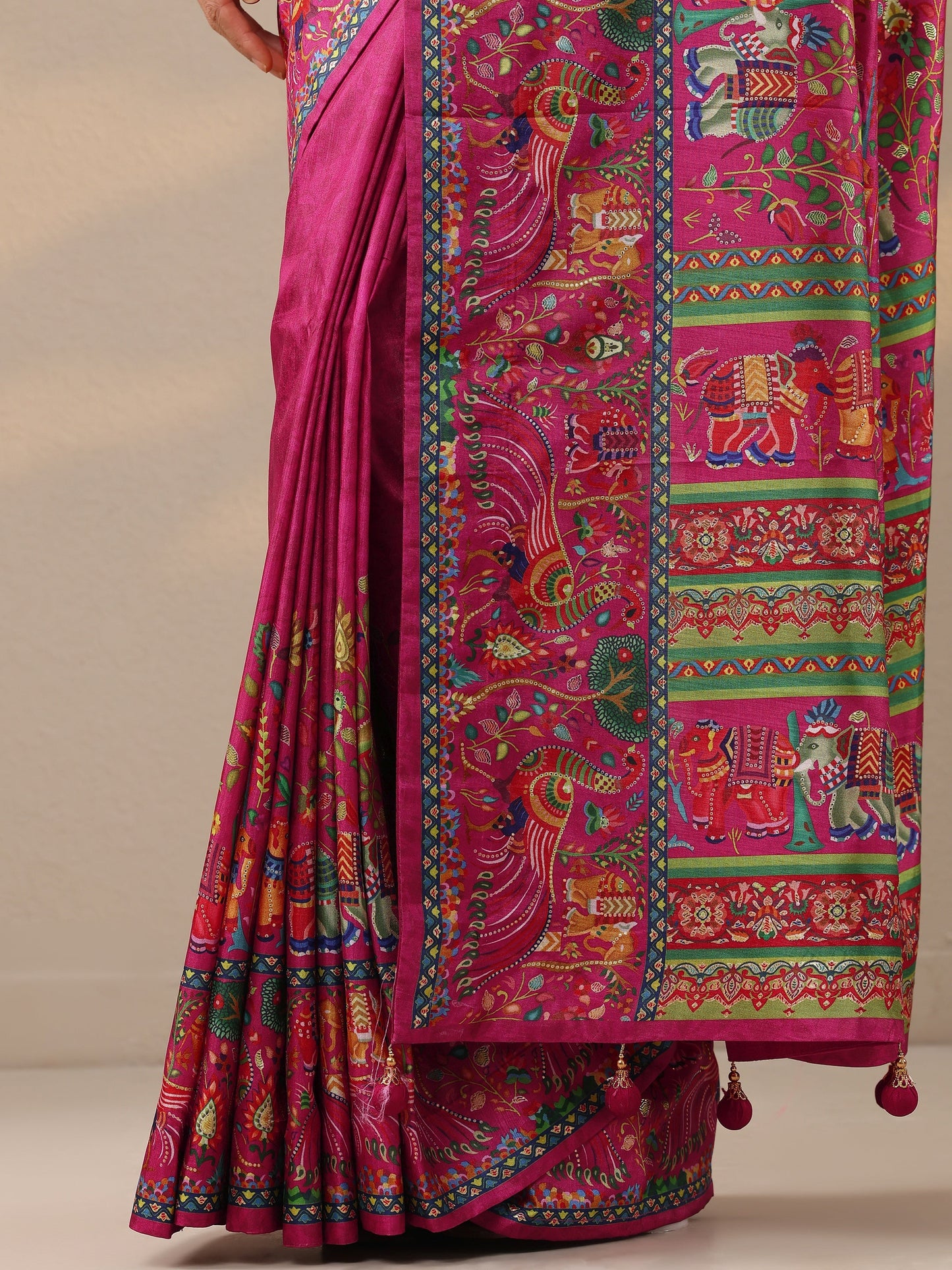Pink Printed Silk Blend Saree With Unstitched Blouse Piece