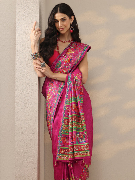 Pink Printed Silk Blend Saree With Unstitched Blouse Piece