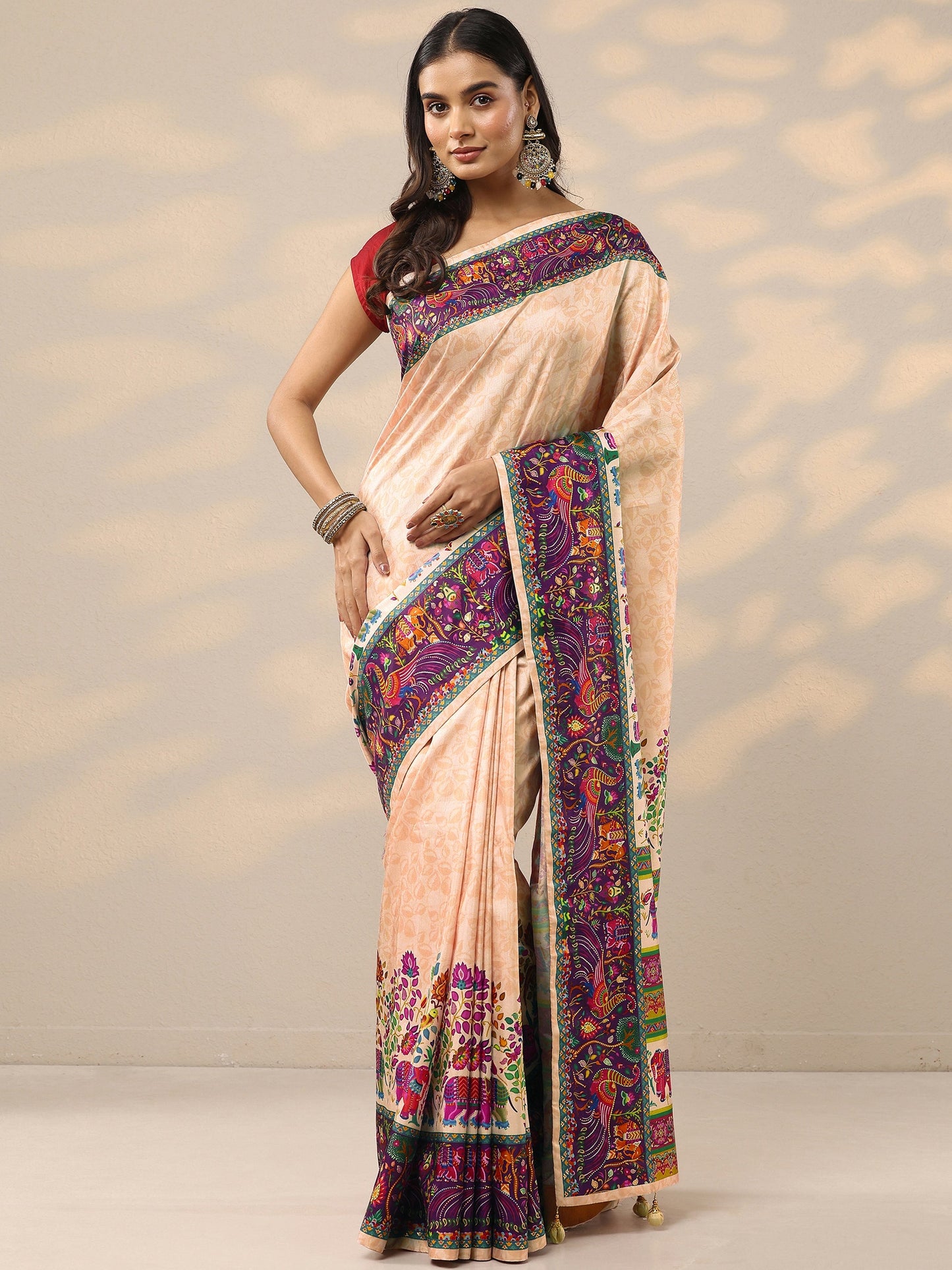 Gold Printed Silk Blend Saree With Unstitched Blouse Piece
