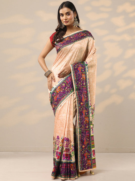 Gold Printed Silk Blend Saree With Unstitched Blouse Piece
