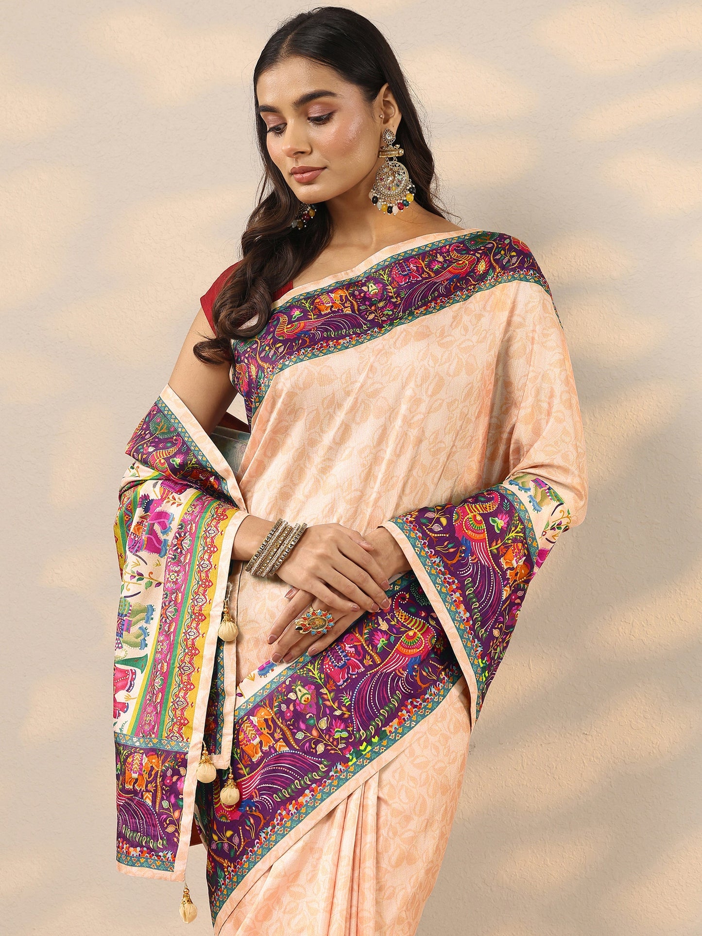 Gold Printed Silk Blend Saree With Unstitched Blouse Piece