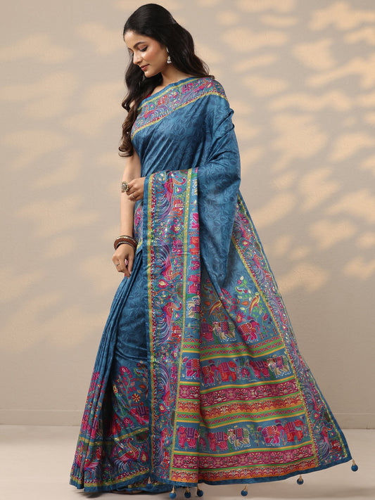 Blue Printed Silk Blend Saree With Unstitched Blouse Piece