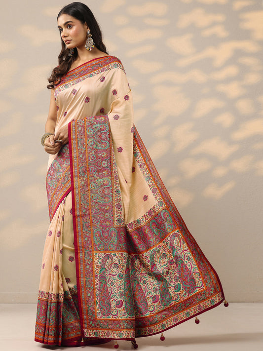 Red Printed Silk Blend Saree With Unstitched Blouse Piece