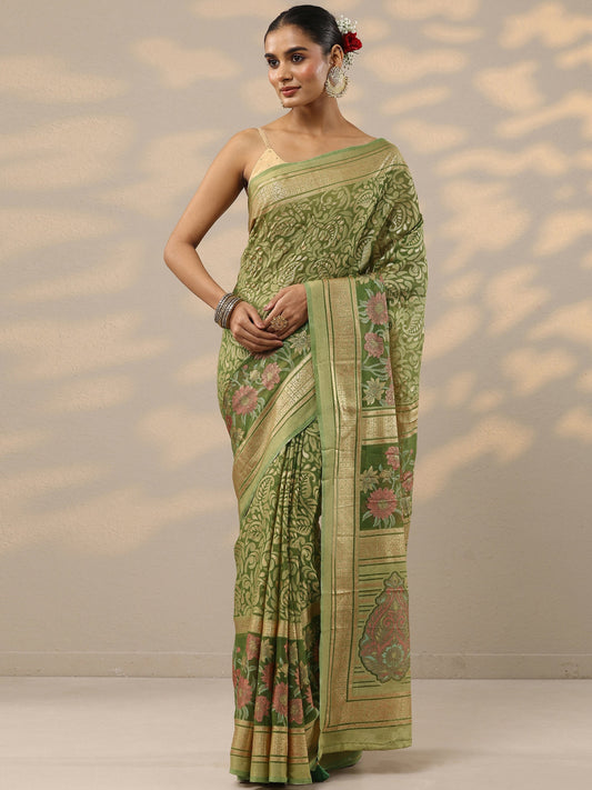 Green Printed Silk Blend Saree With Unstitched Blouse Piece