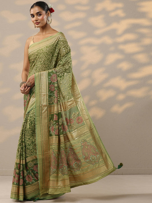 Green Printed Silk Blend Saree With Unstitched Blouse Piece