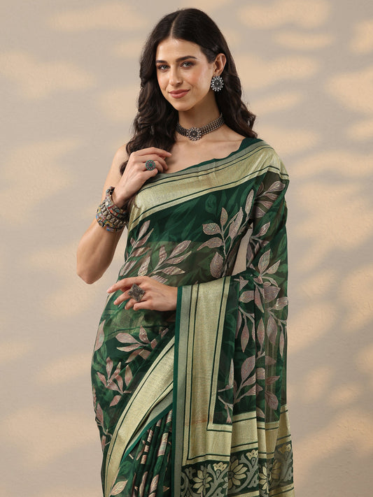 Green Printed Silk Blend Saree With Unstitched Blouse Piece