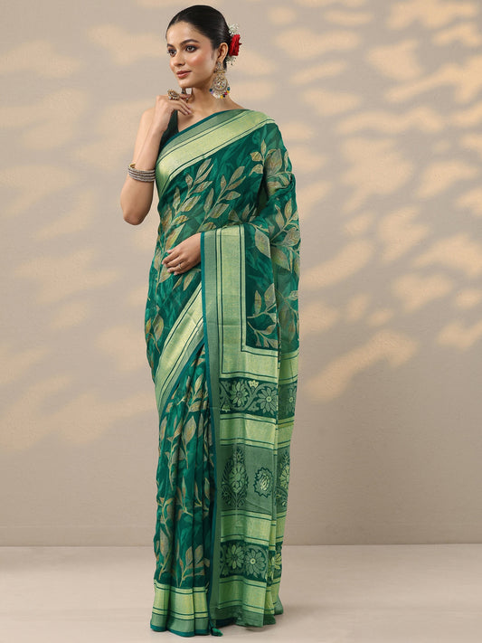 Green Printed Silk Blend Saree With Unstitched Blouse Piece