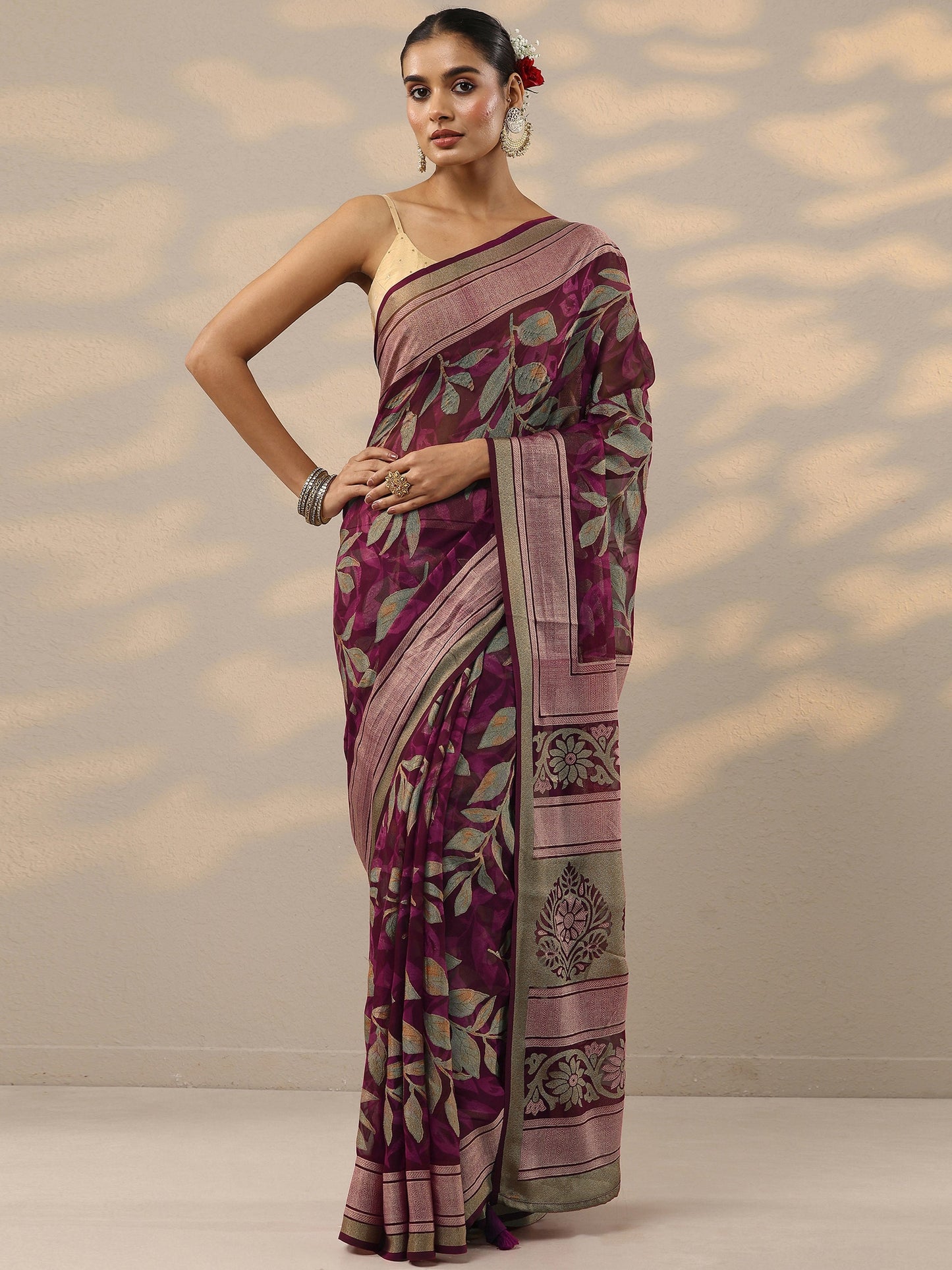 Burgundy Printed Silk Blend Saree With Unstitched Blouse Piece