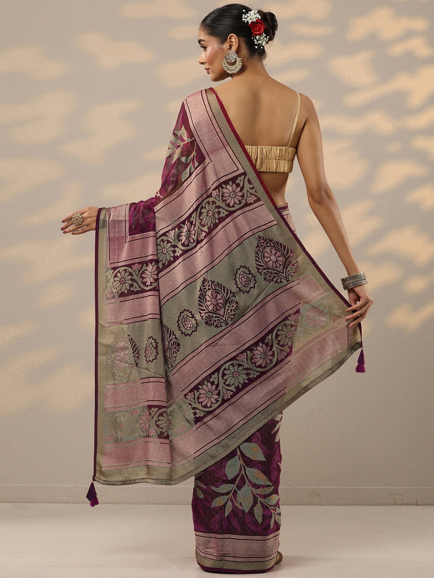 Burgundy Printed Silk Blend Saree With Unstitched Blouse Piece