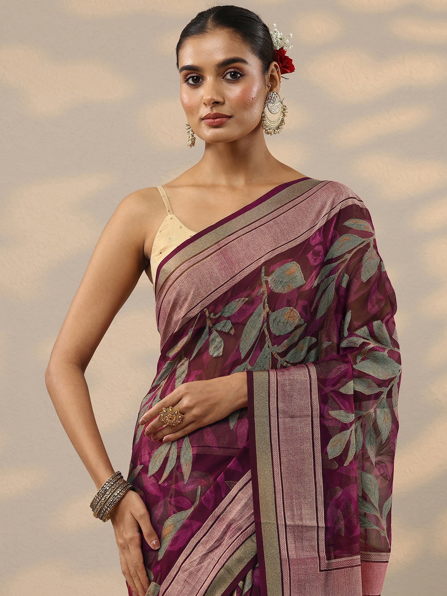 Burgundy Printed Silk Blend Saree With Unstitched Blouse Piece
