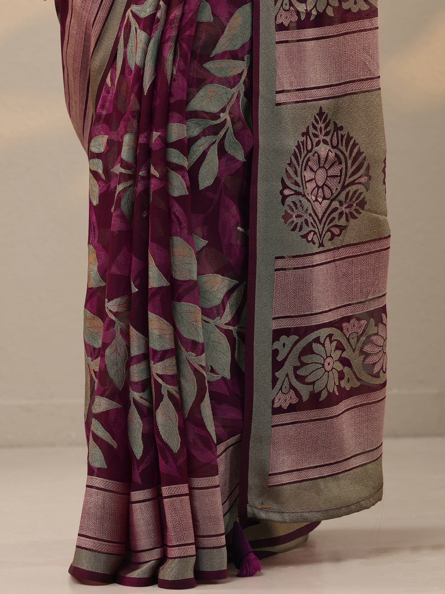 Burgundy Printed Silk Blend Saree With Unstitched Blouse Piece