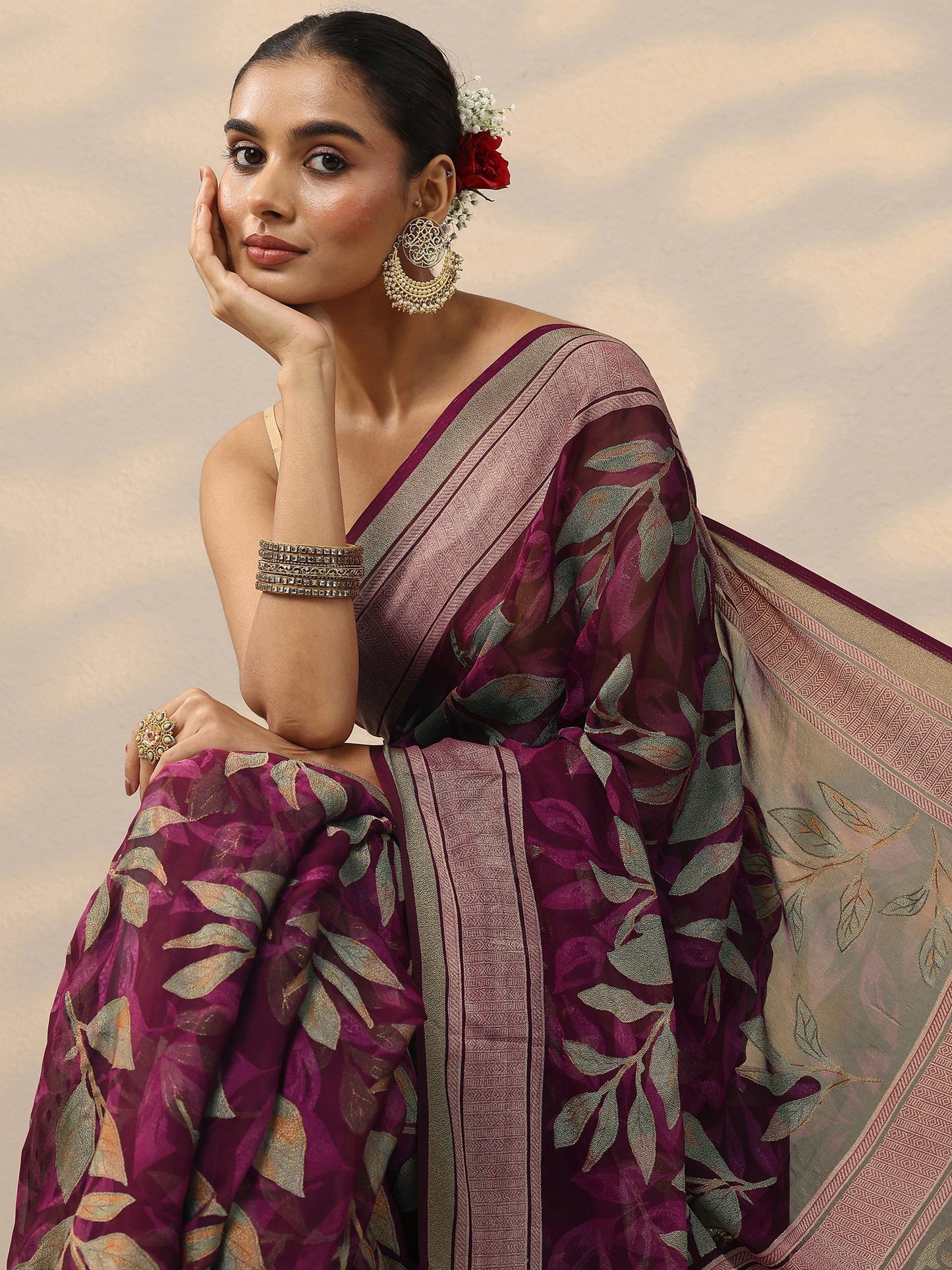 Burgundy Printed Silk Blend Saree With Unstitched Blouse Piece