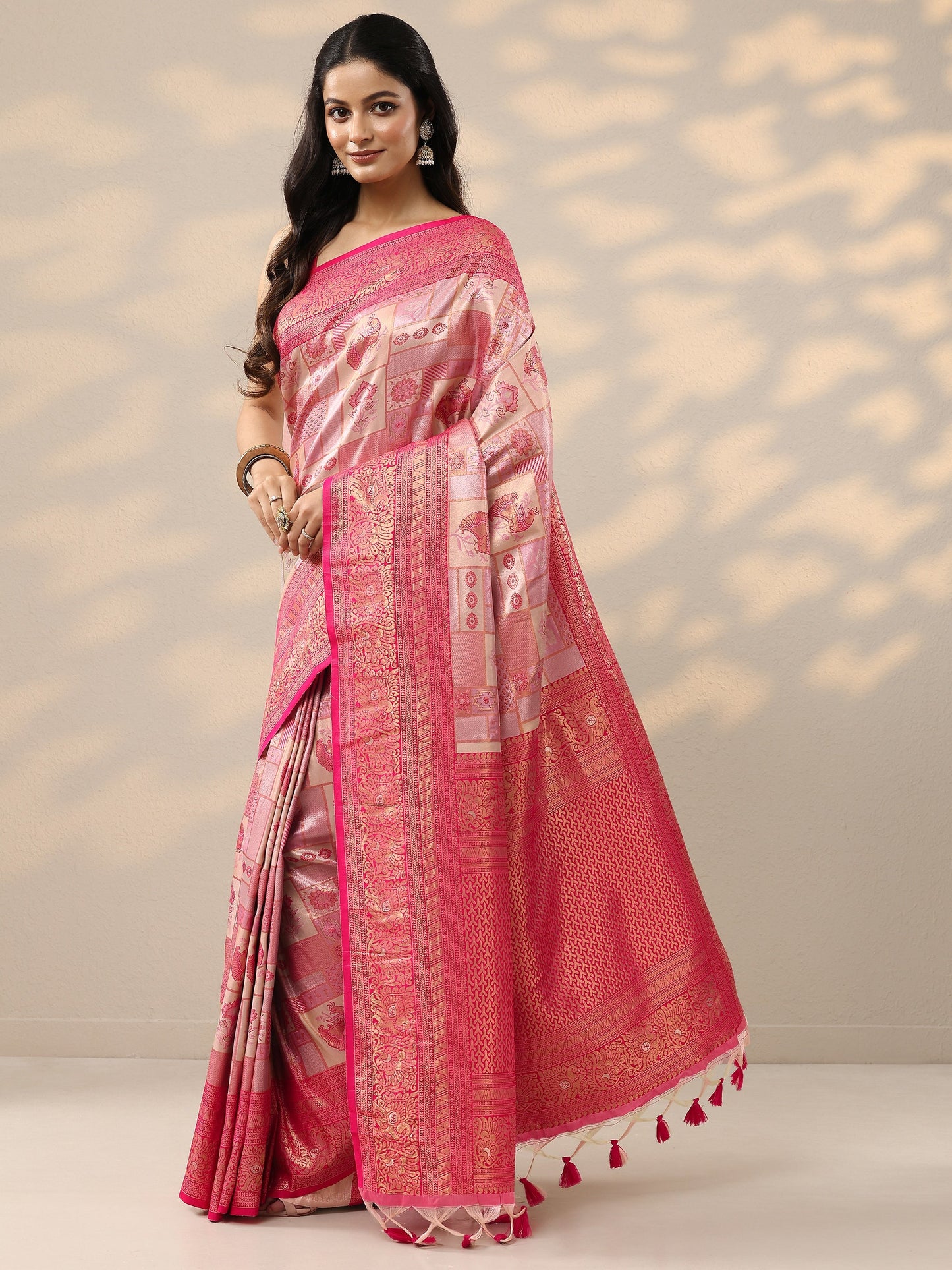 Pink Woven Design Silk Blend Saree With Unstitched Blouse Piece