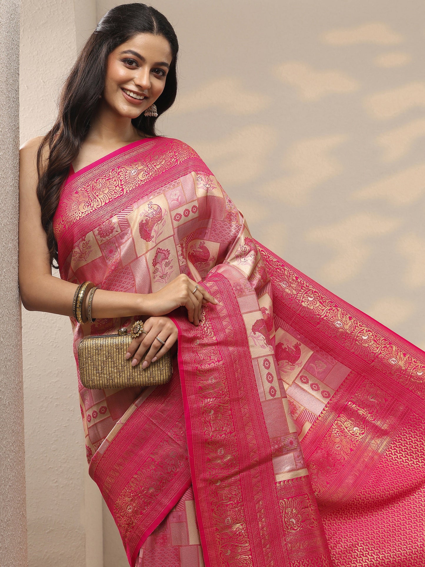 Pink Woven Design Silk Blend Saree With Unstitched Blouse Piece