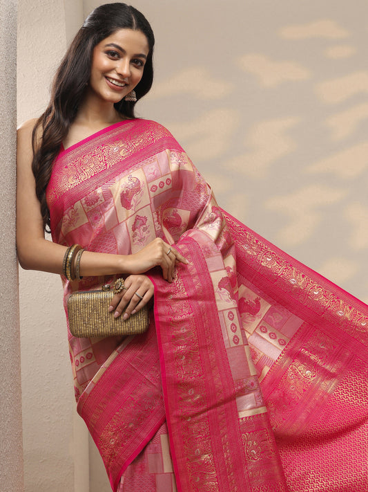 Pink Woven Design Silk Blend Saree With Unstitched Blouse Piece