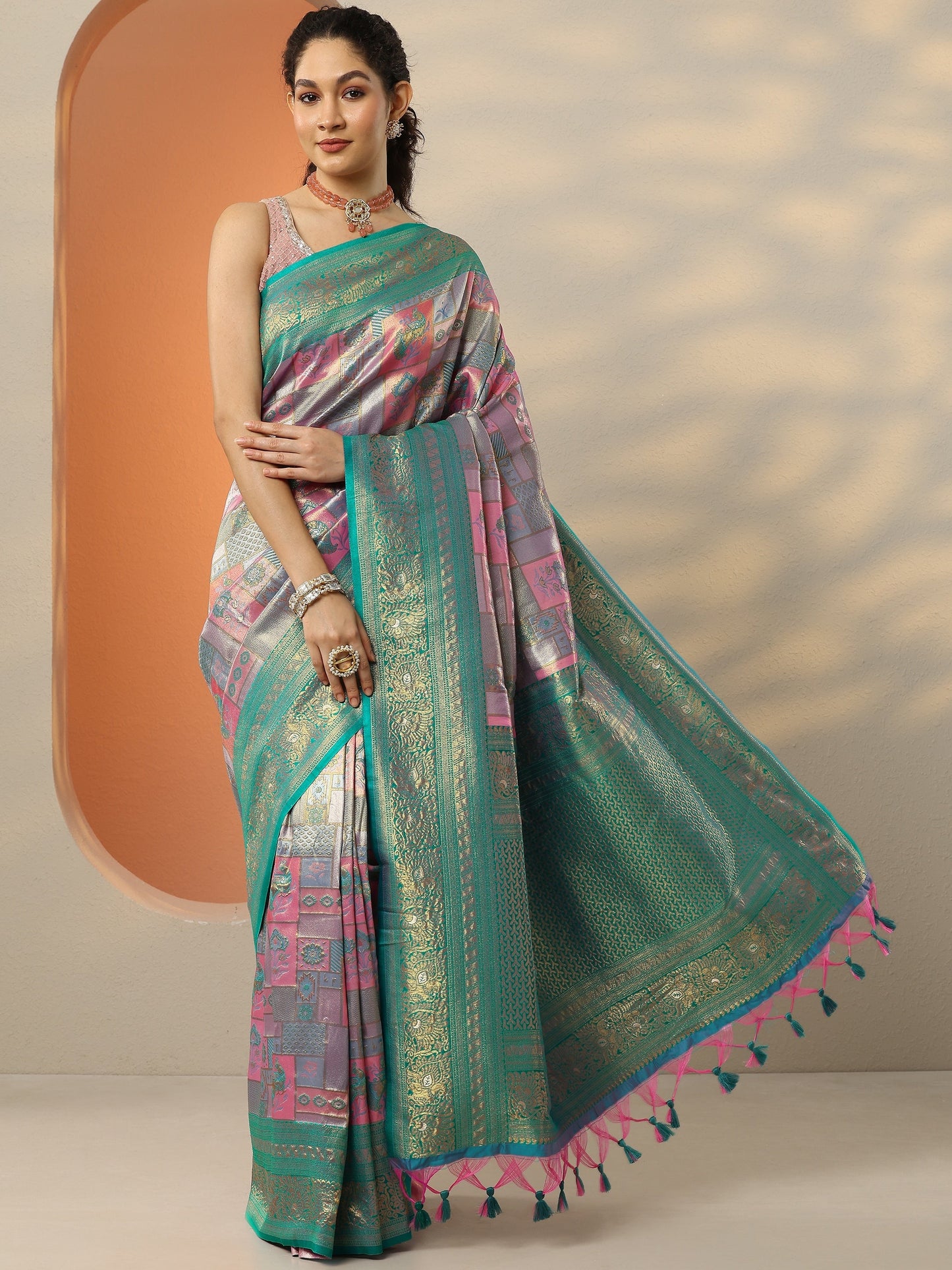 Pink Woven Design Silk Blend Saree With Unstitched Blouse Piece