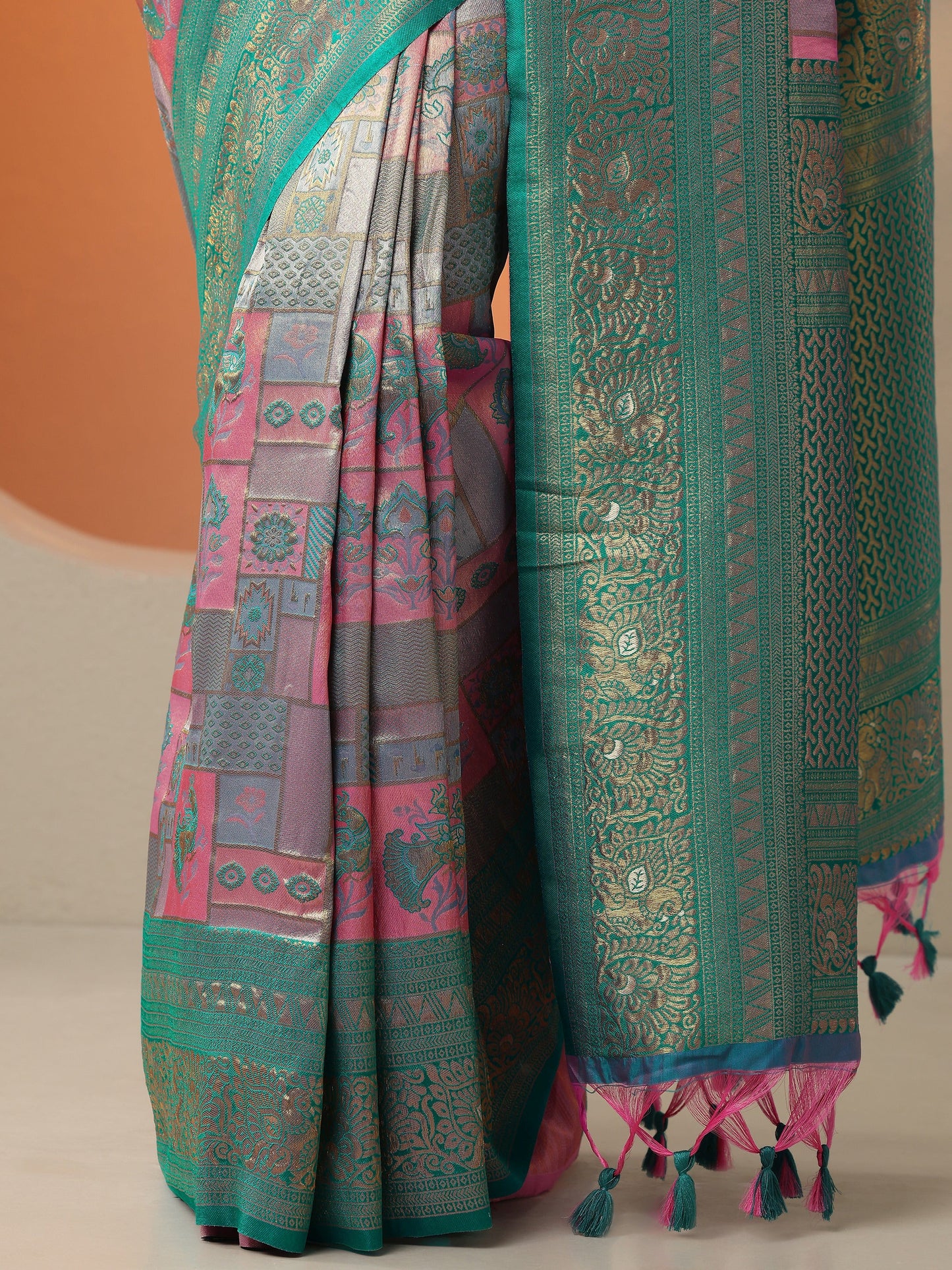 Pink Woven Design Silk Blend Saree With Unstitched Blouse Piece