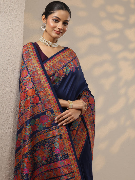 Navy Blue Printed Silk Blend Saree With Unstitched Blouse Piece