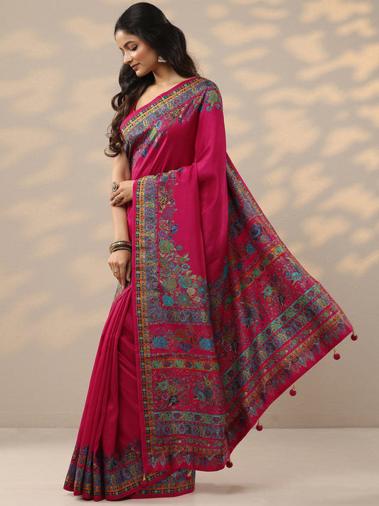 Pink Solid Silk Blend Saree With Unstitched Blouse Piece