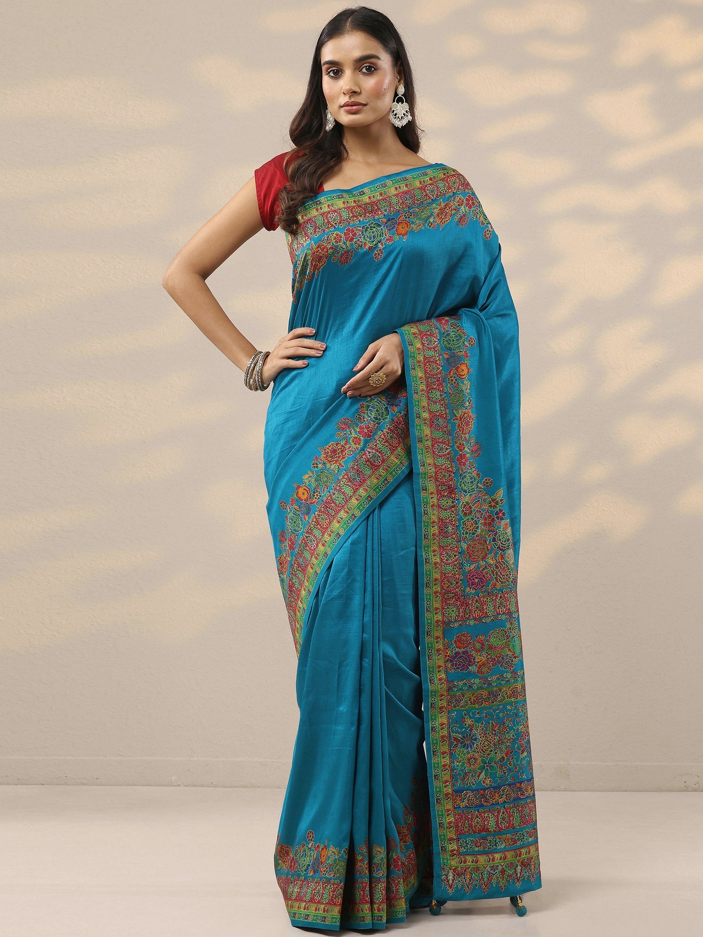 Blue Solid Silk Blend Saree With Unstitched Blouse Piece