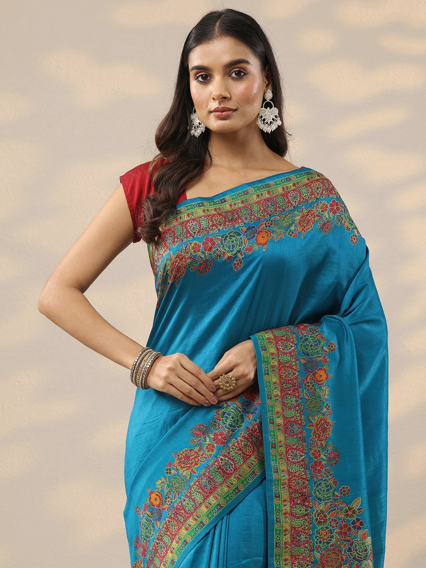 Blue Solid Silk Blend Saree With Unstitched Blouse Piece