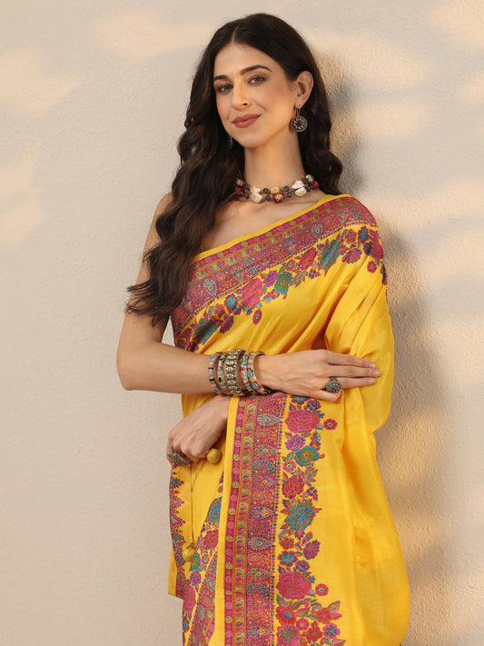 Yellow Solid Silk Blend Saree With Unstitched Blouse Piece