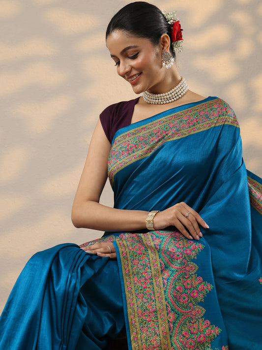 Blue Solid Silk Blend Saree With Unstitched Blouse Piece