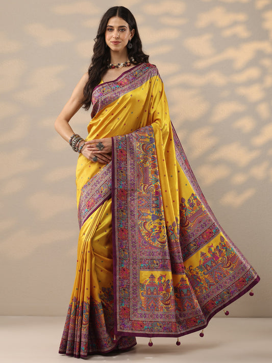 Mustard Embroidered Silk Blend Saree With Unstitched Blouse Piece