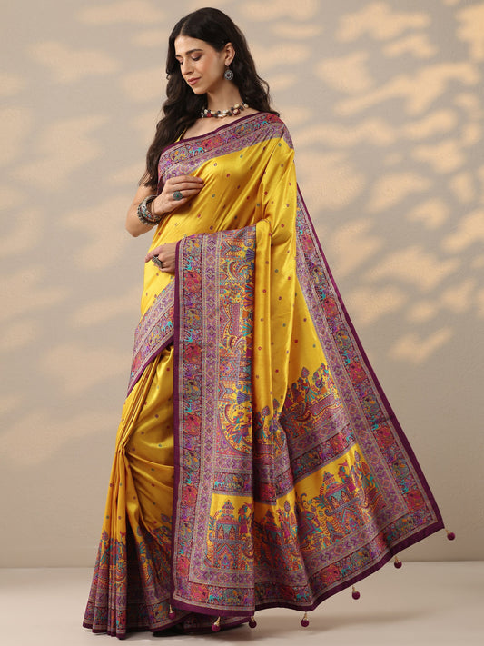 Mustard Embroidered Silk Blend Saree With Unstitched Blouse Piece