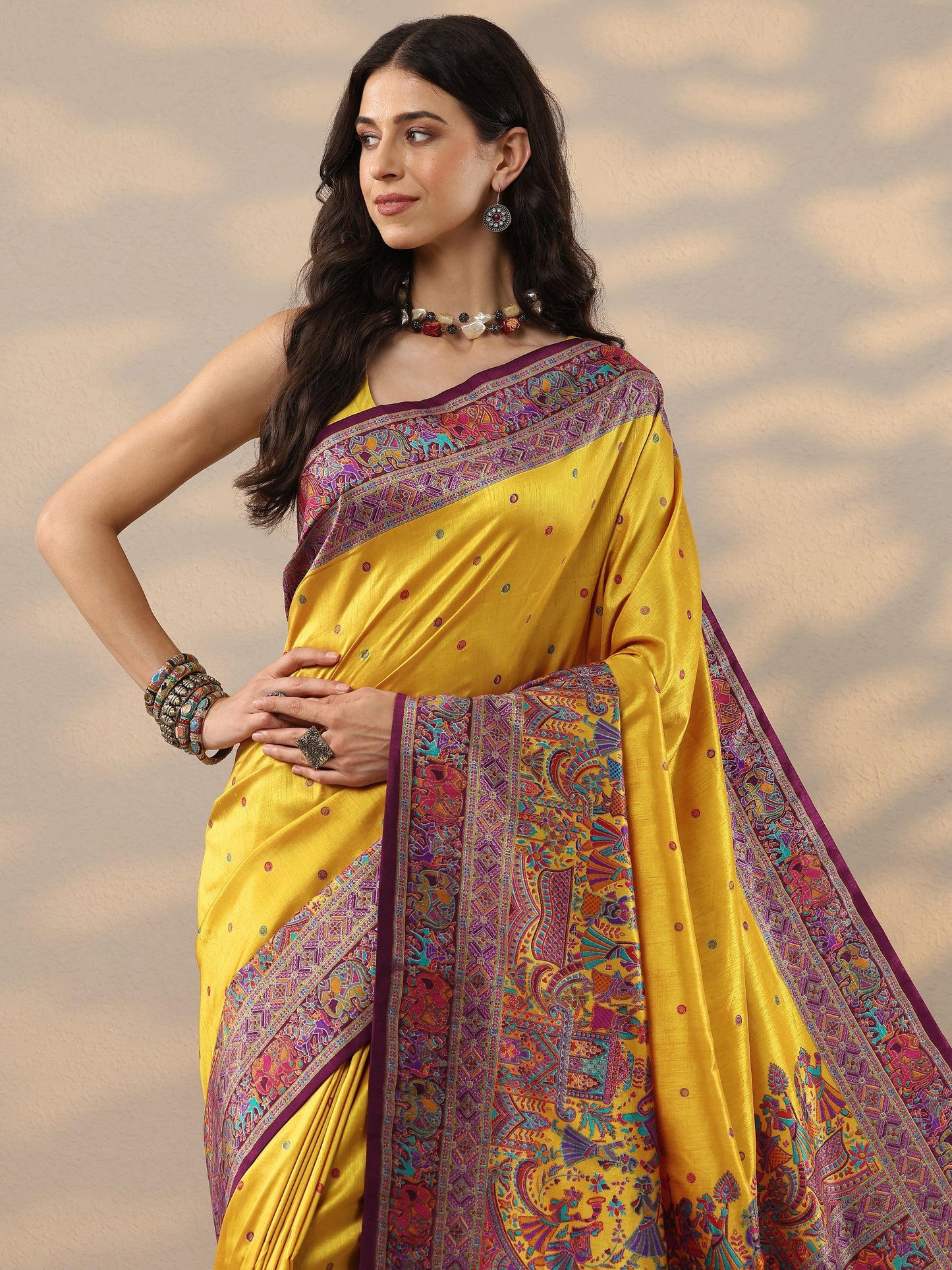 Mustard Embroidered Silk Blend Saree With Unstitched Blouse Piece