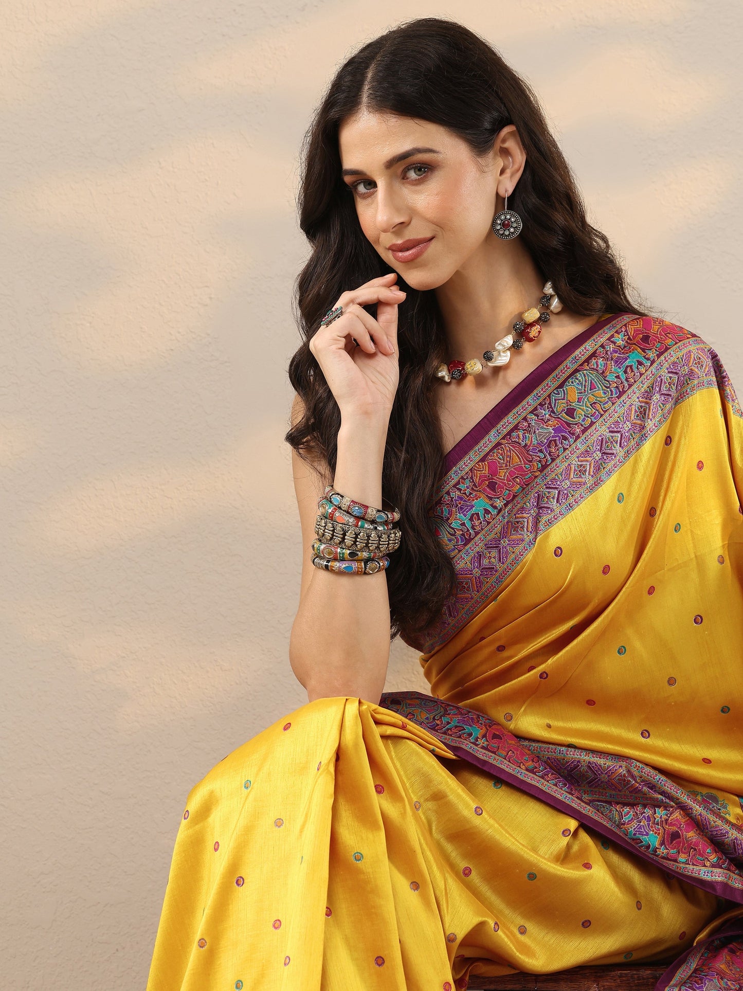 Mustard Embroidered Silk Blend Saree With Unstitched Blouse Piece