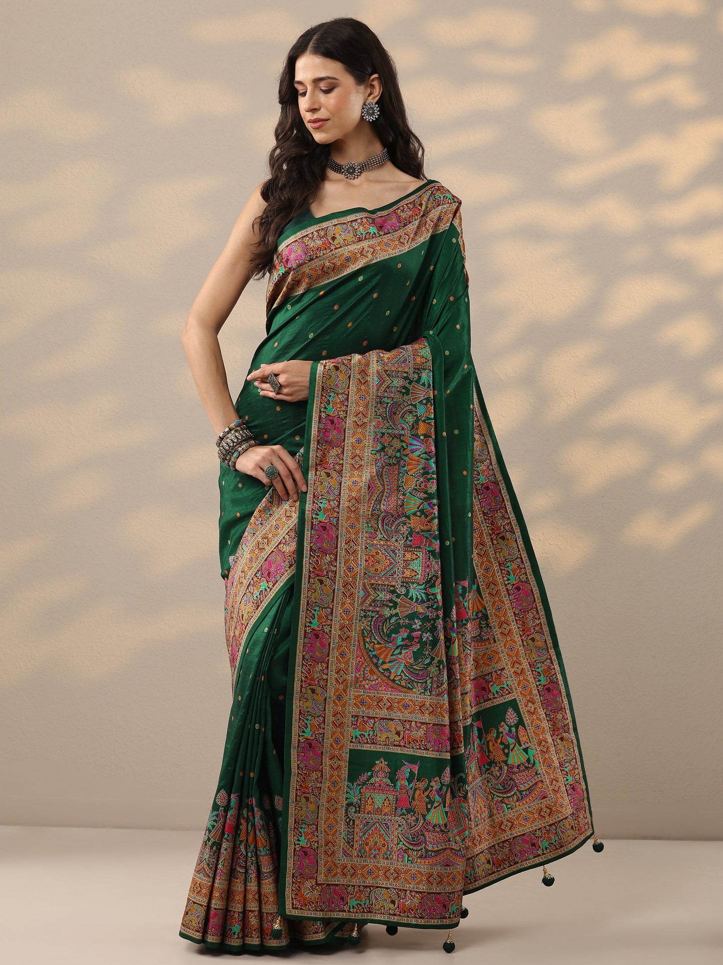 Green Printed Silk Blend Saree With Unstitched Blouse Piece