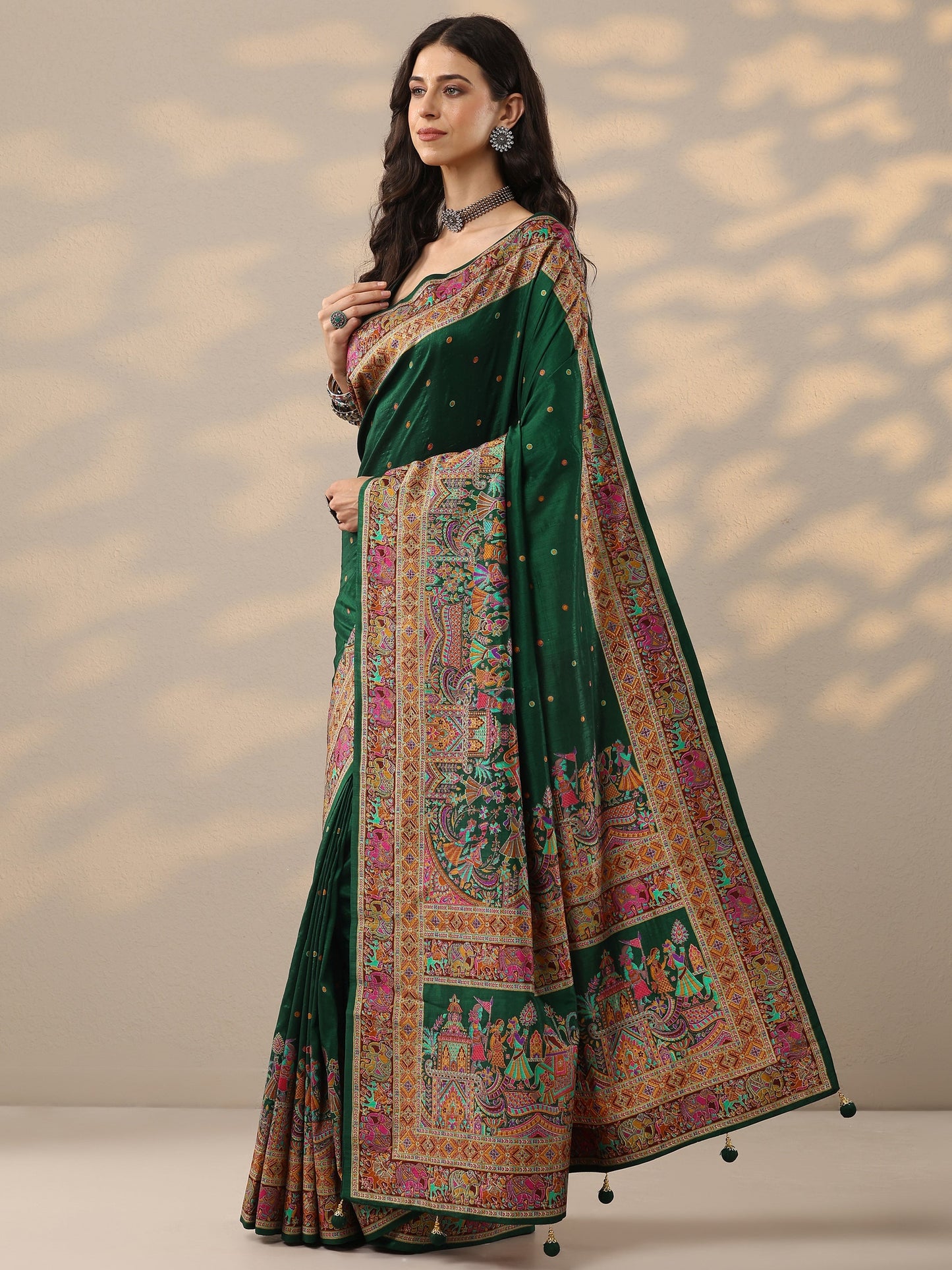 Green Printed Silk Blend Saree With Unstitched Blouse Piece