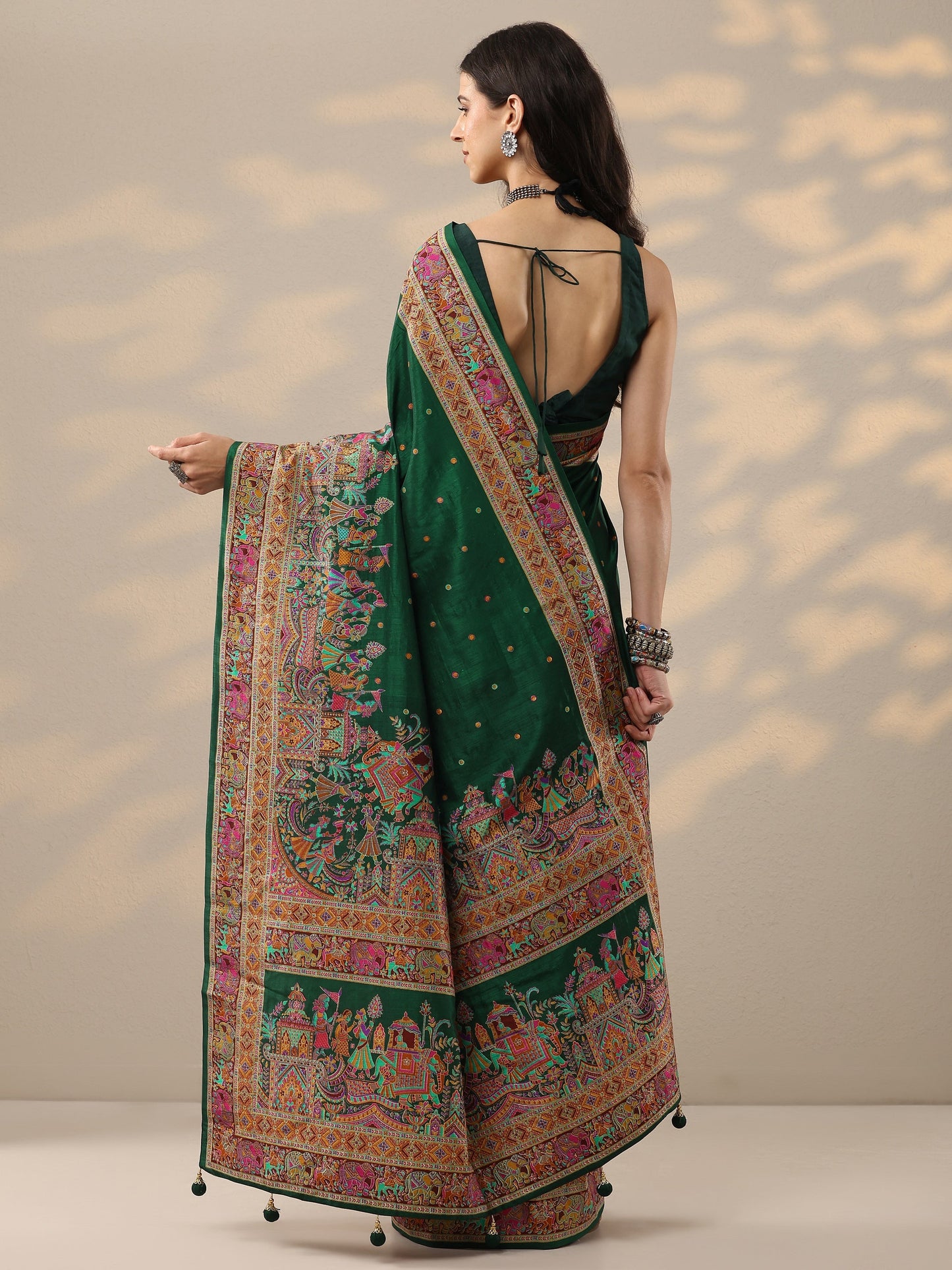 Green Printed Silk Blend Saree With Unstitched Blouse Piece