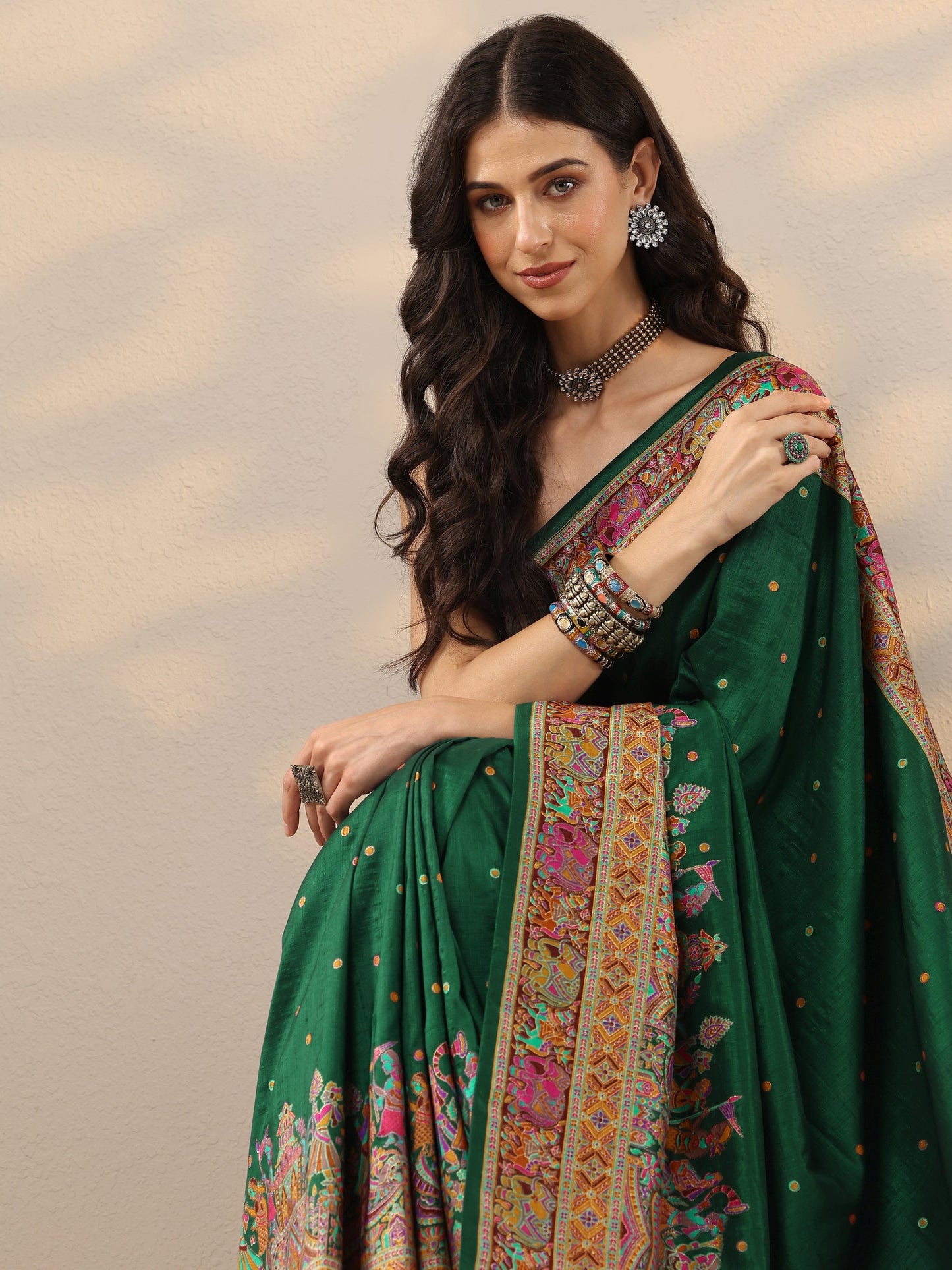 Green Printed Silk Blend Saree With Unstitched Blouse Piece