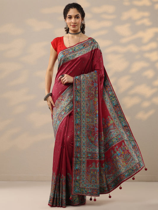 Red Embroidered Silk Blend Saree With Unstitched Blouse Piece