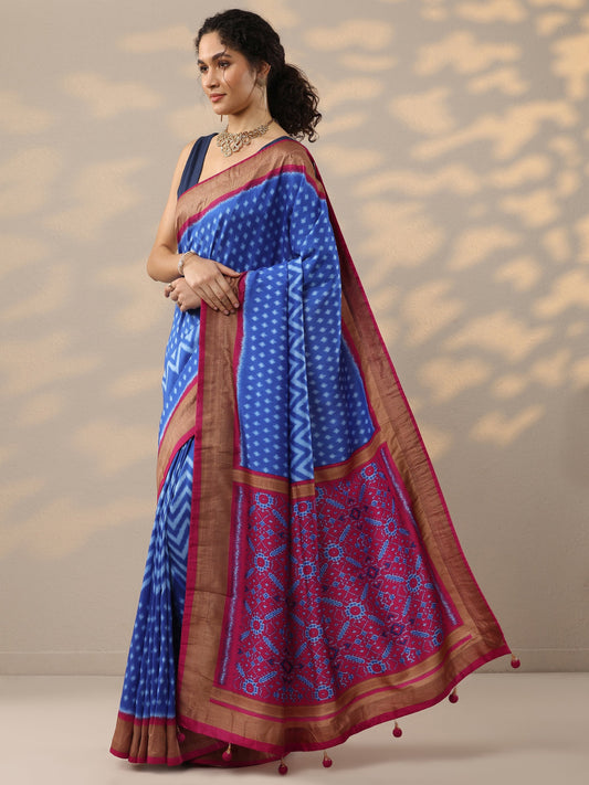 Blue Leheriya Printed Silk Blend Saree With Unstitched Blouse Piece