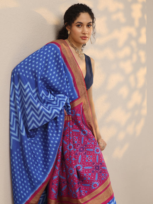 Blue Leheriya Printed Silk Blend Saree With Unstitched Blouse Piece