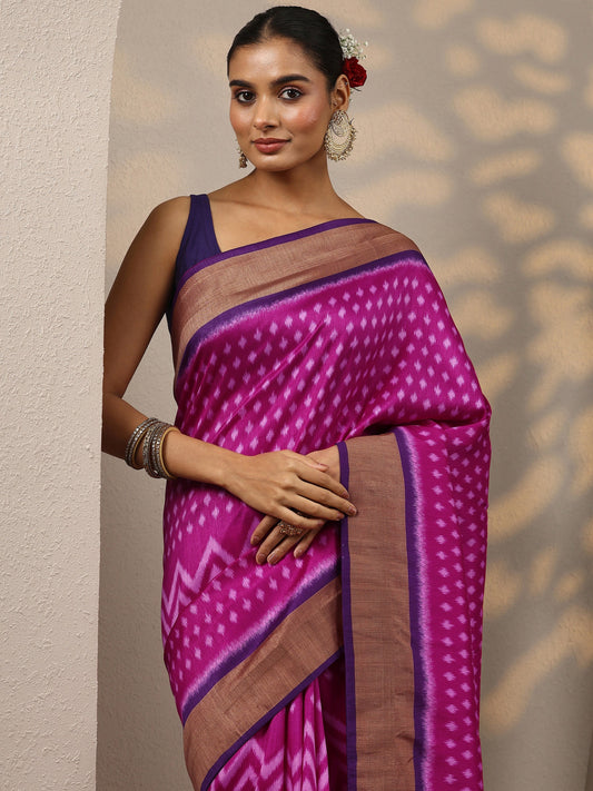 Pink Leheriya Printed Silk Blend Saree With Unstitched Blouse Piece
