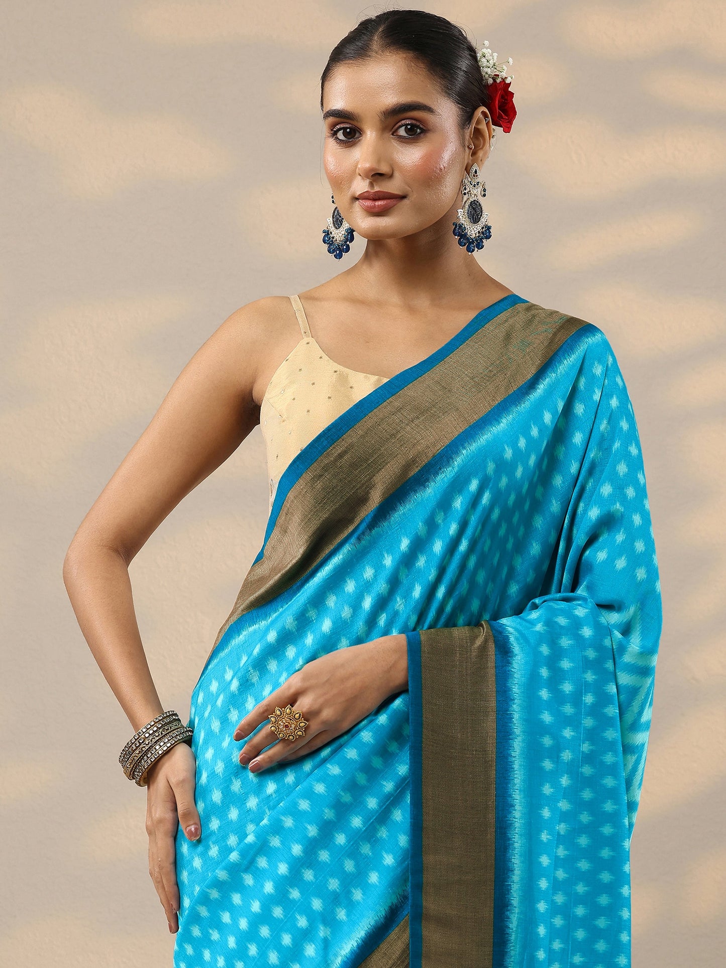 Blue Leheriya Printed Silk Blend Saree With Unstitched Blouse Piece
