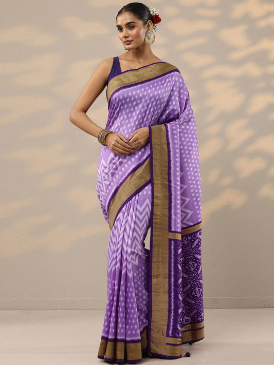 Purple Leheriya Printed Silk Blend Saree With Unstitched Blouse Piece