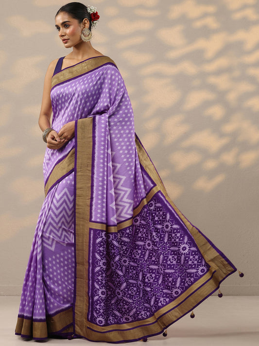 Purple Leheriya Printed Silk Blend Saree With Unstitched Blouse Piece