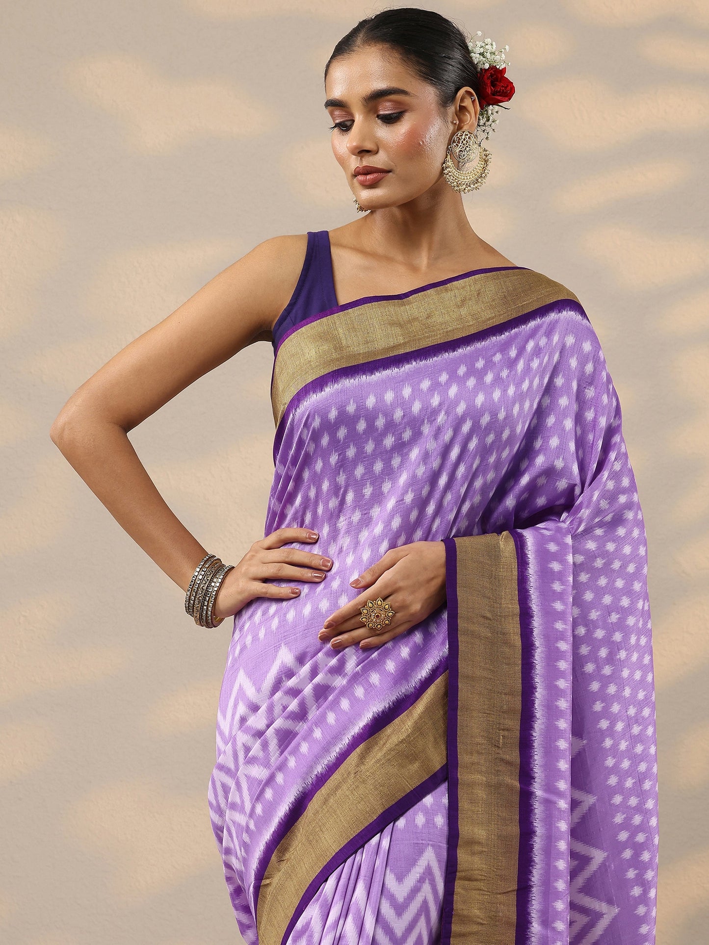 Purple Leheriya Printed Silk Blend Saree With Unstitched Blouse Piece