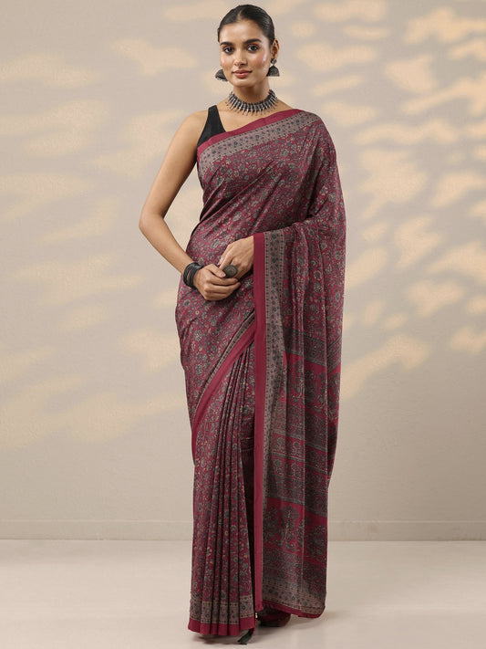Red Printed Silk Blend Saree With Unstitched Blouse Piece