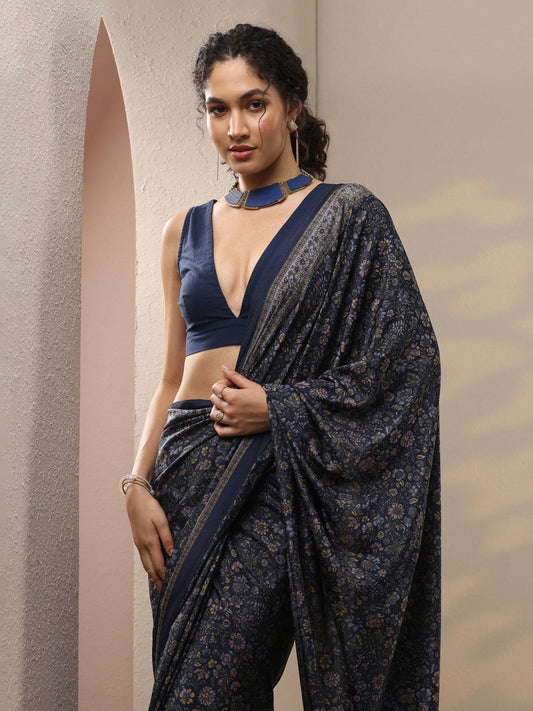 Navy Blue Printed Silk Blend Saree With Unstitched Blouse Piece