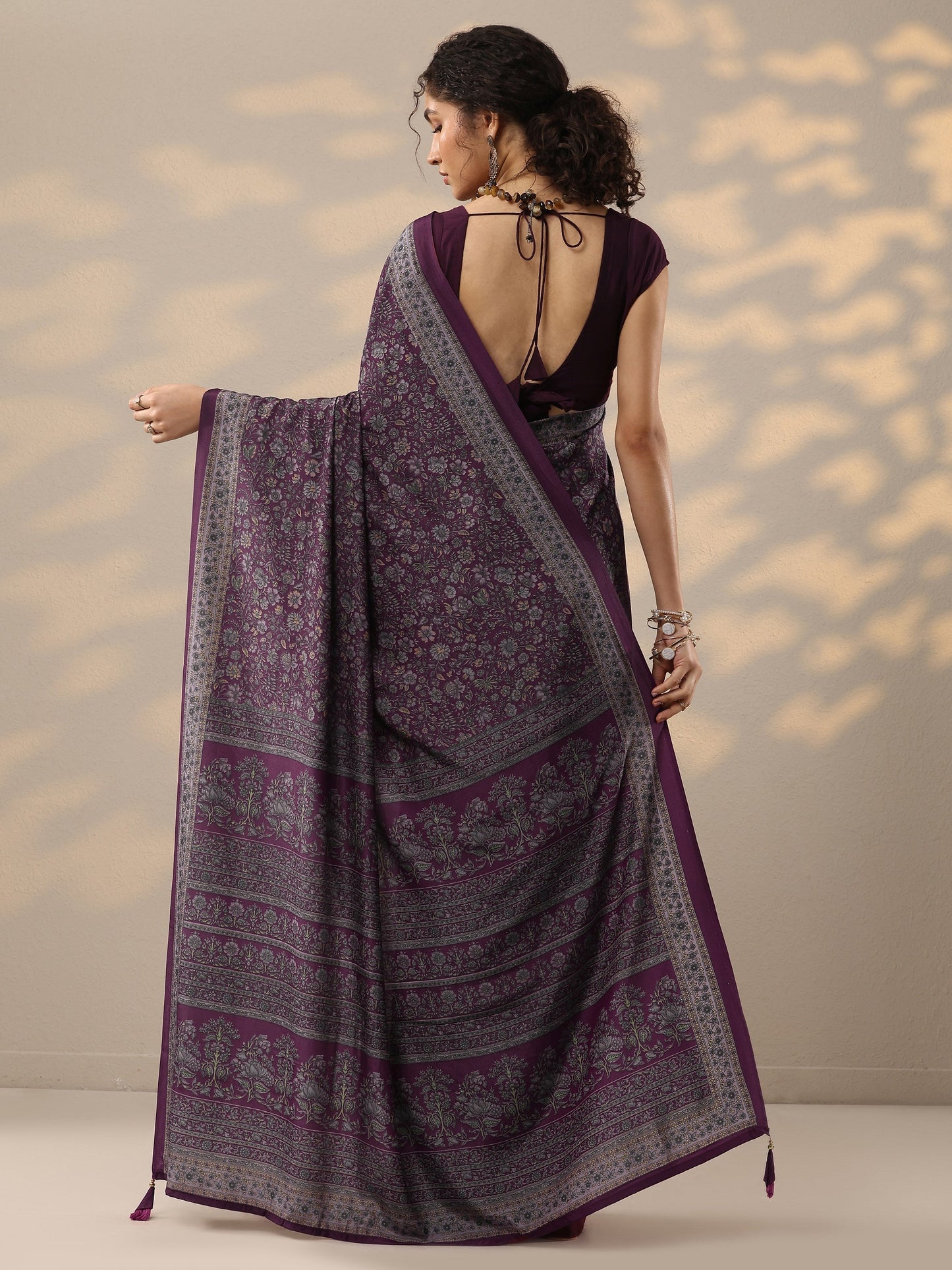 Burgundy  Printed Silk Blend Saree With Unstitched Blouse Piece